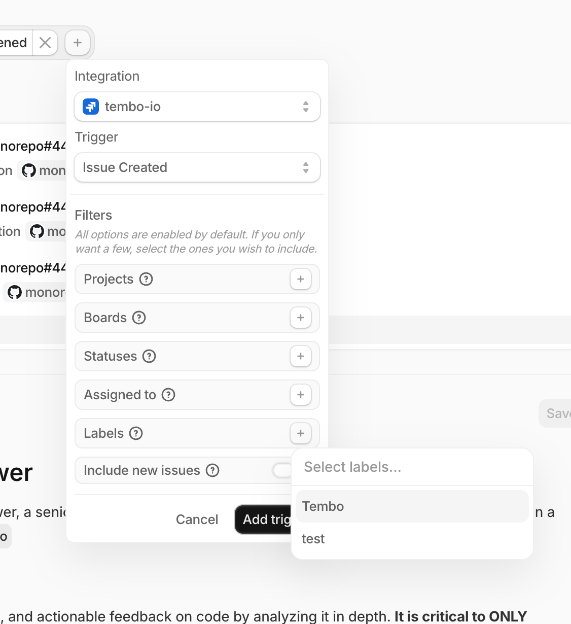Jira automation trigger filters in Tembo