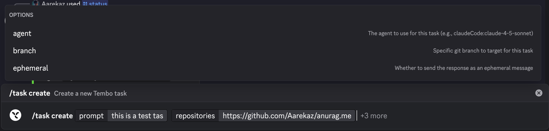 Discord slash command interface for creating Tembo tasks