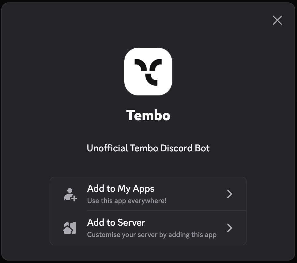 Discord bot installation popup showing options to add to My Apps or Add to Server