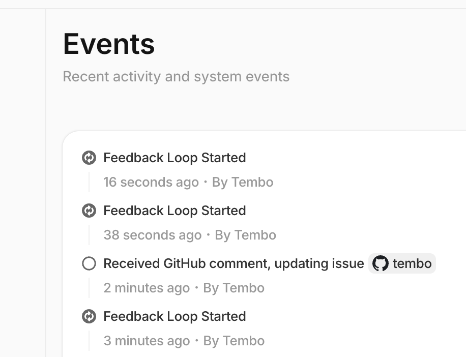 Events tab in the Tembo sidebar showing the workspace audit log