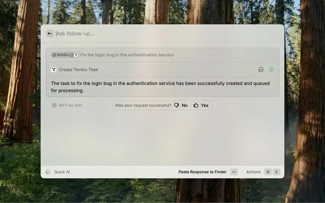 Raycast AI integration with Tembo for natural language task interaction