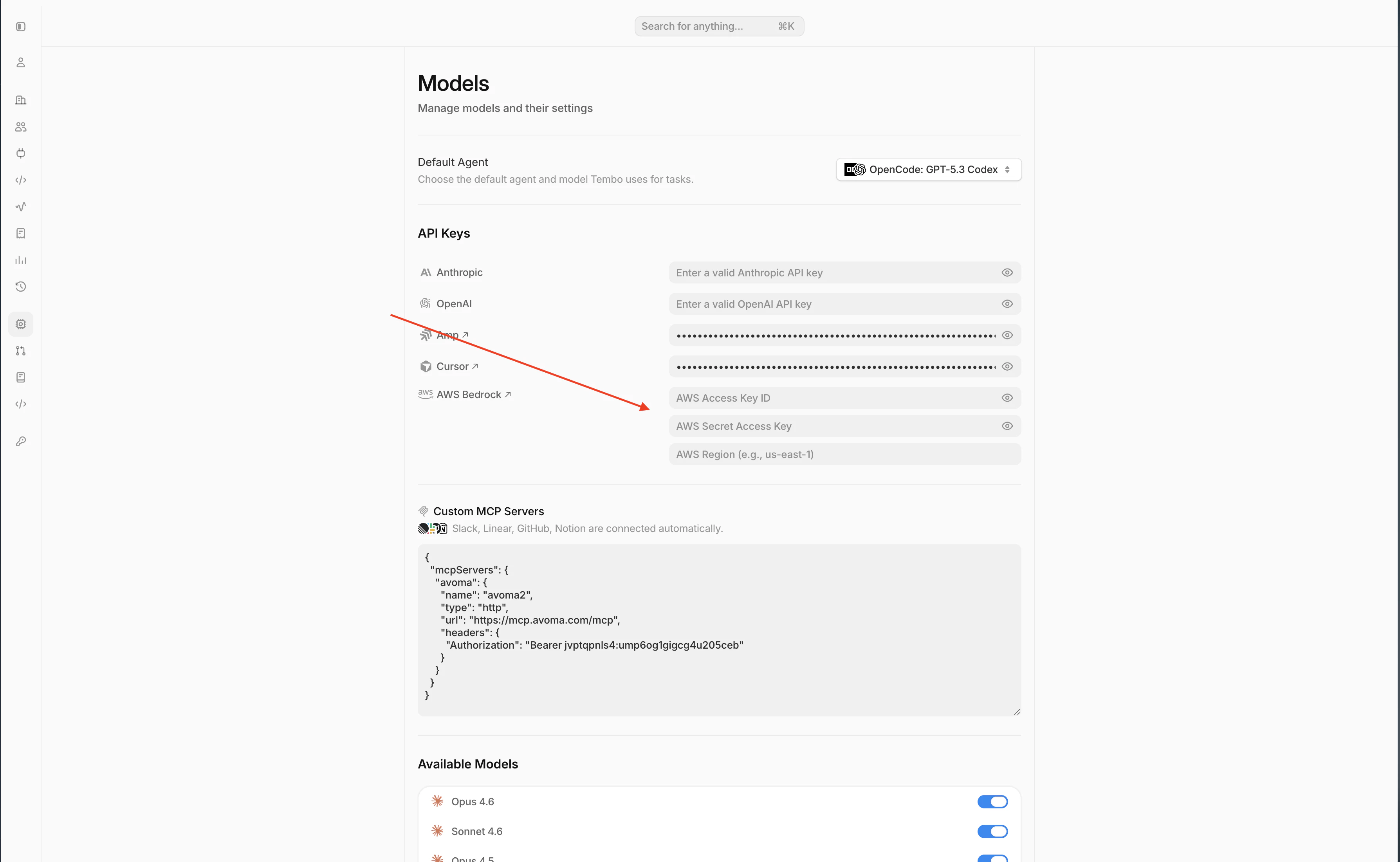 AWS Bedrock BYOK API key fields in Tembo Settings