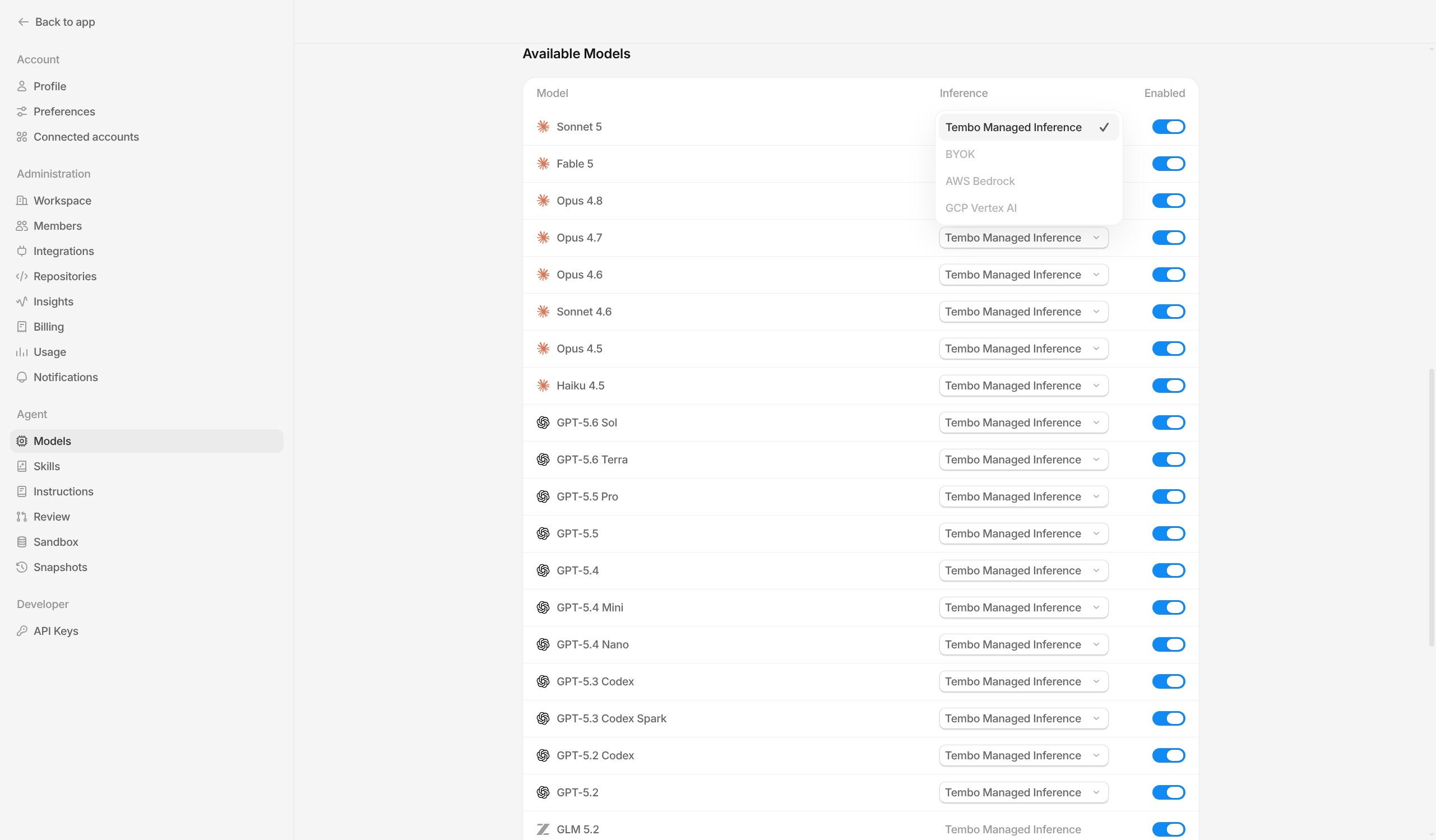Available Models table with the Inference dropdown open for switching between BYOK and Tembo Managed Inference