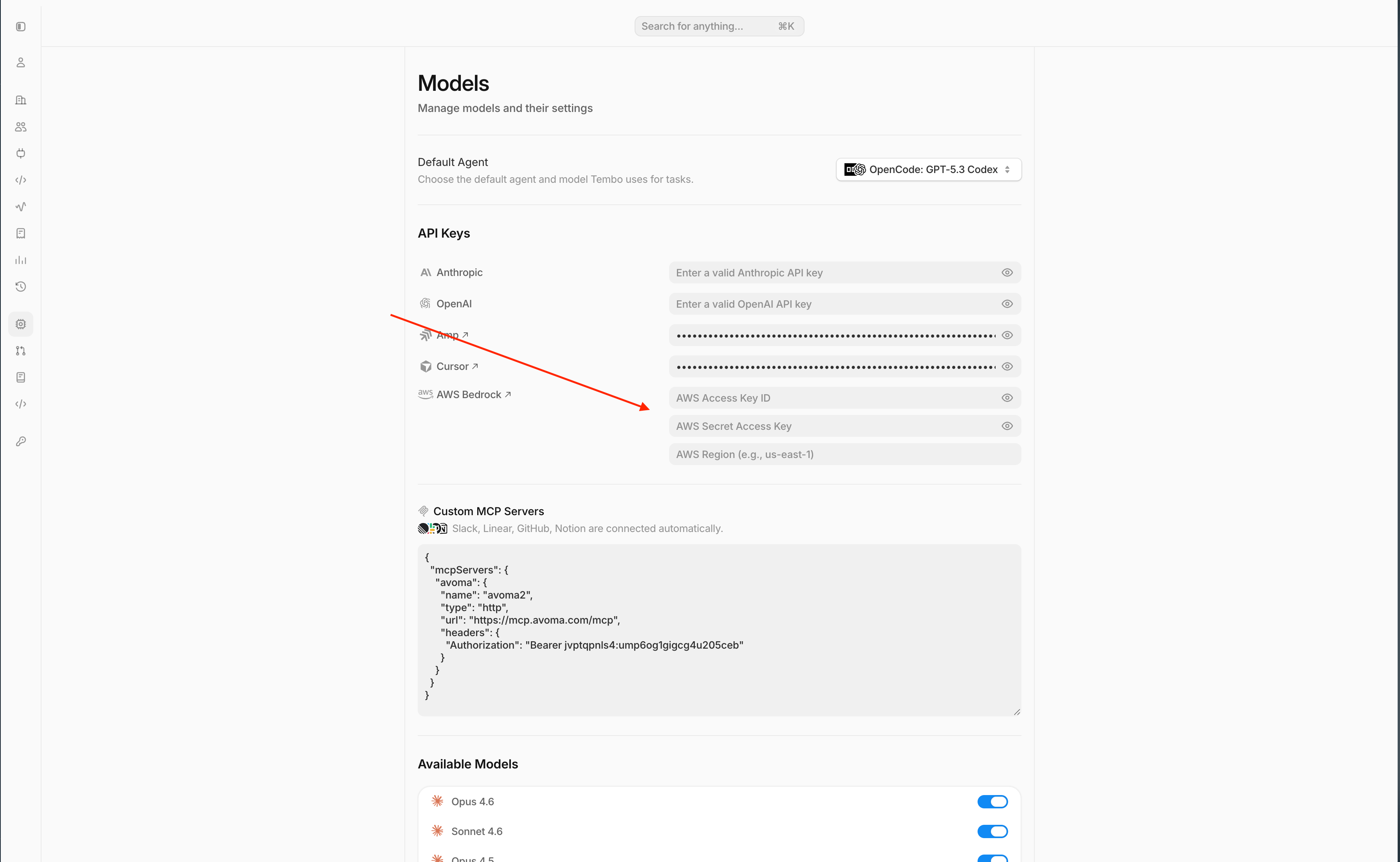 AWS Bedrock BYOK API key fields in Tembo Settings