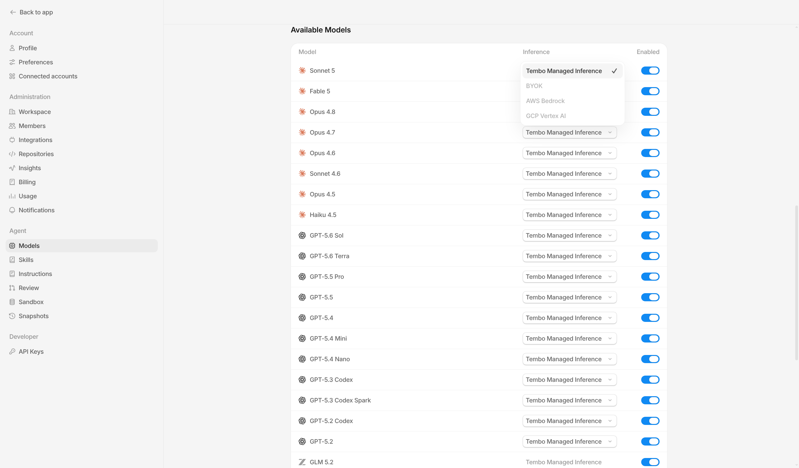 Available Models table with the Inference dropdown open for switching between BYOK and Tembo Managed Inference