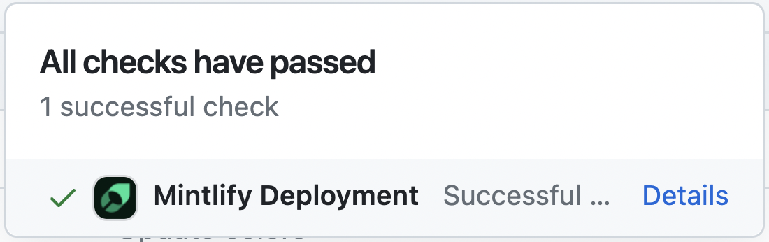 Captura de tela de uma mensagem de confirmação de deploy que diz Todas as verificações foram aprovadas.