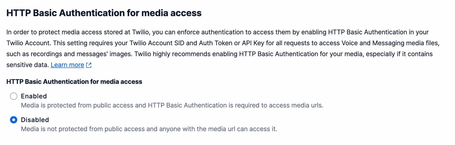 Twilio HTTP access settings
