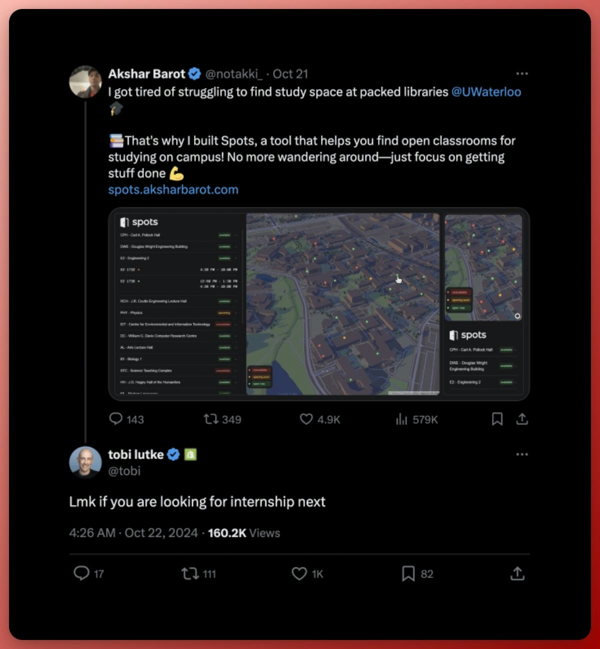 Tweet showing how building in public led to internship opportunities