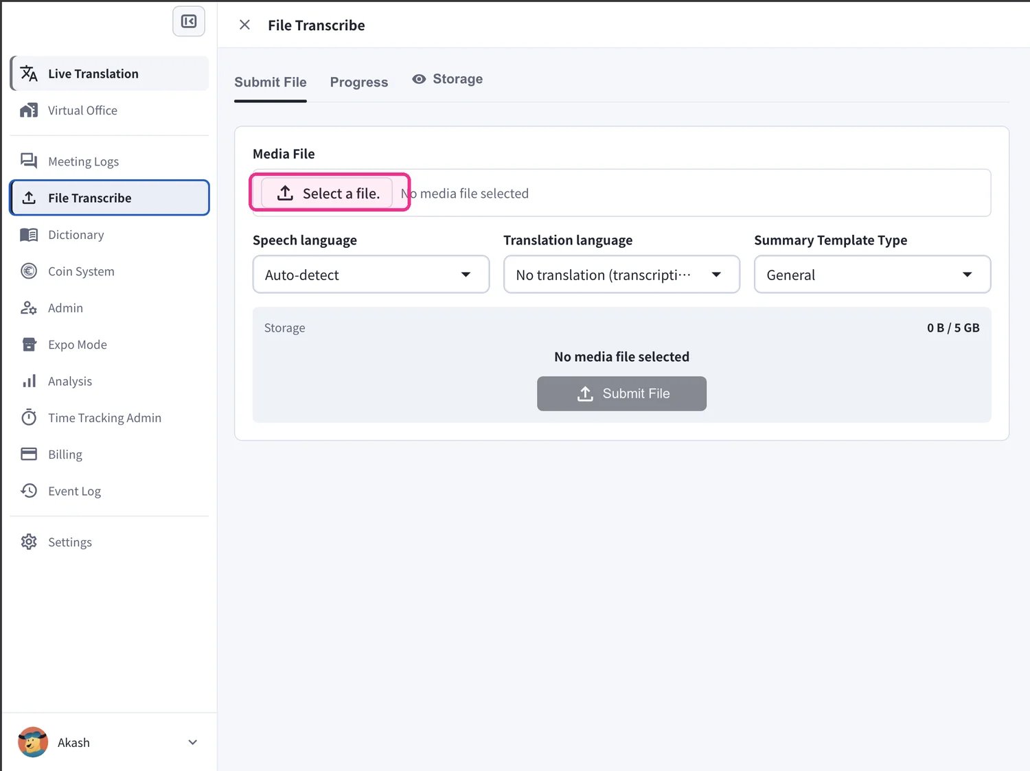 File Transcribe — 在 Submit File 分頁點選 Select a file