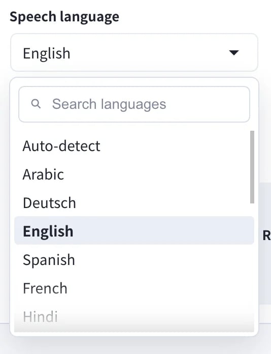 Speech language 下拉選單,含 Auto-detect 與各語言選項