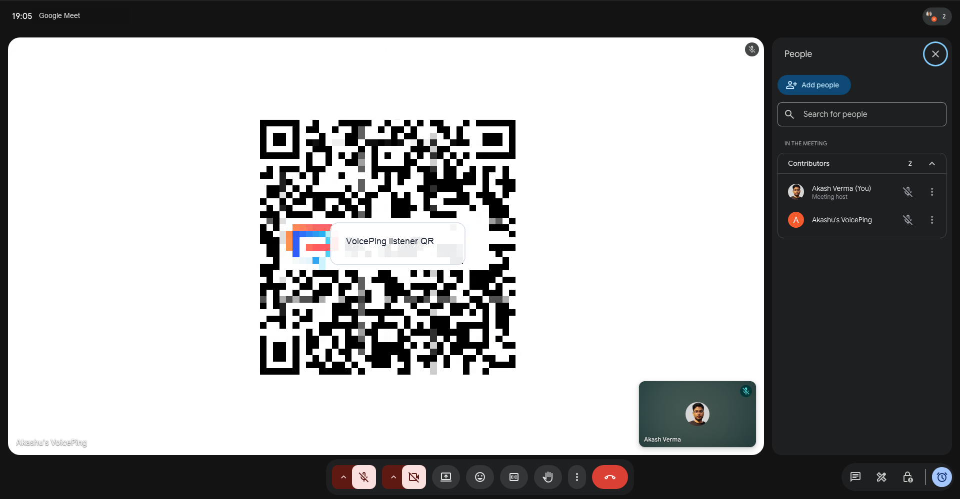 Google Meet with the VoicePing Web Meeting Bot participant and listener QR video screen