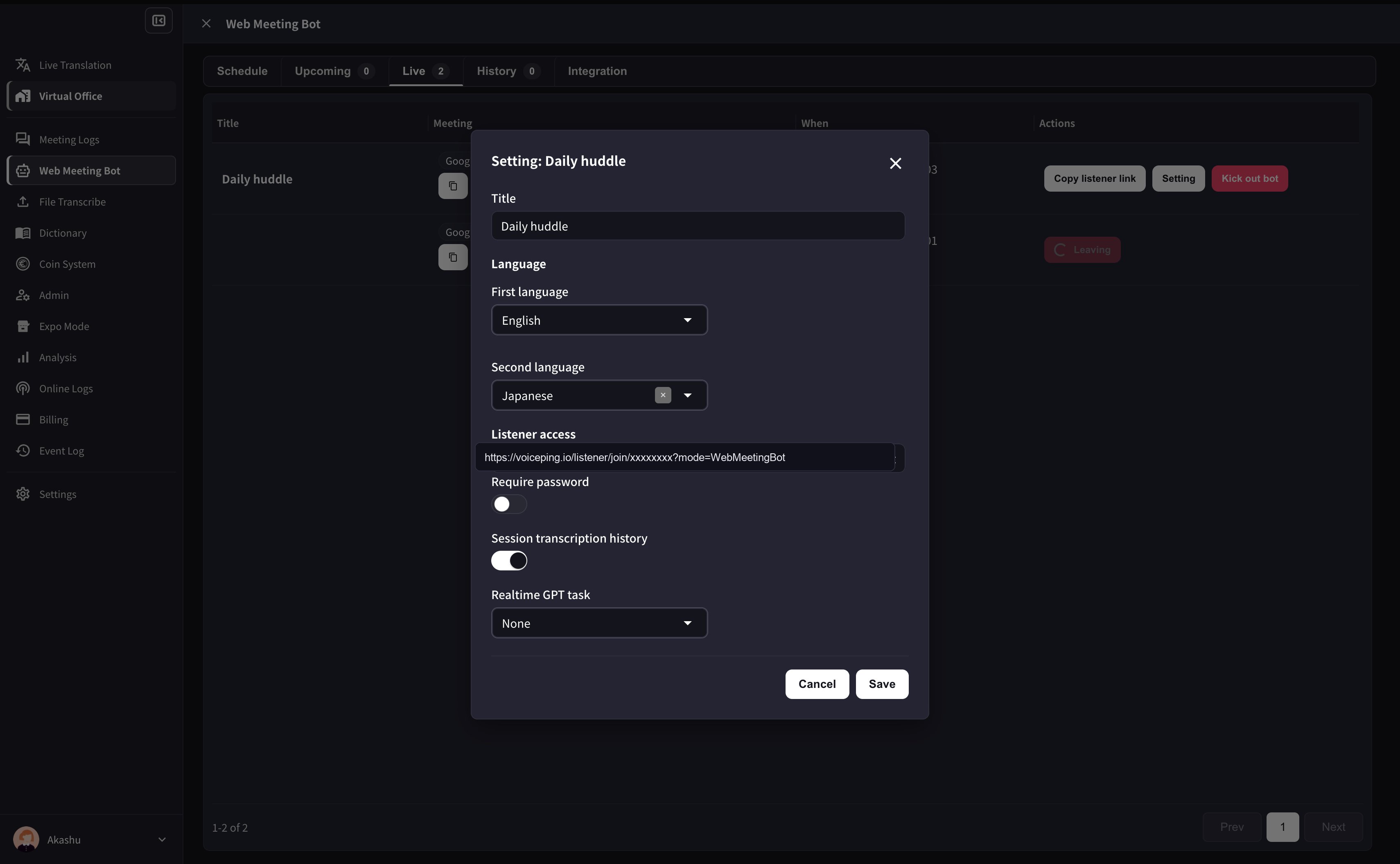Web Meeting Bot Live tab settings modal with languages, listener access, password, transcript history, and realtime GPT task