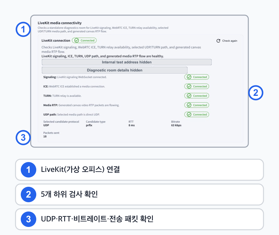 LiveKit 가상 오피스 연결 결과, 5개 하위 검사 및 UDP·RTT·비트레이트·전송 패킷 정보