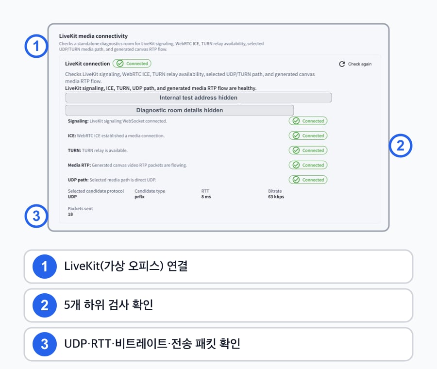LiveKit 가상 오피스 연결 결과, 5개 하위 검사 및 UDP·RTT·비트레이트·전송 패킷 정보