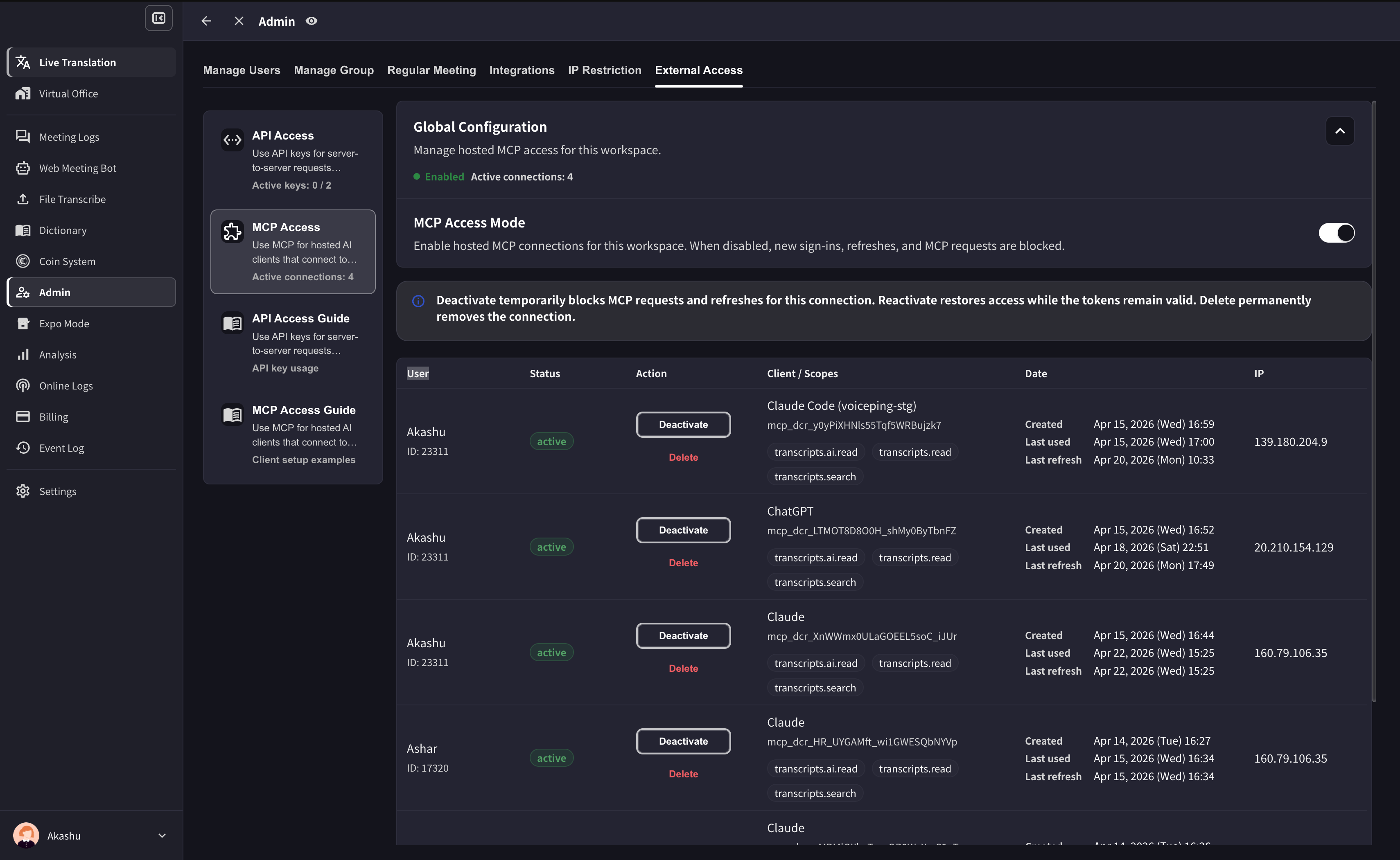 VoicePing MCP Access enabled with active MCP connections and transcript scopes