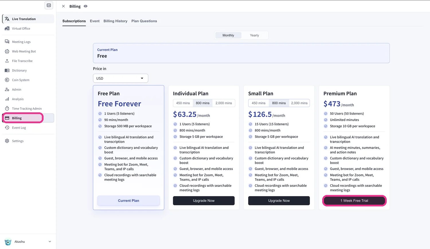 Billing → Subscriptions tab showing the plan cards and their Upgrade Now / Subscribe / 1 Week Free Trial buttons