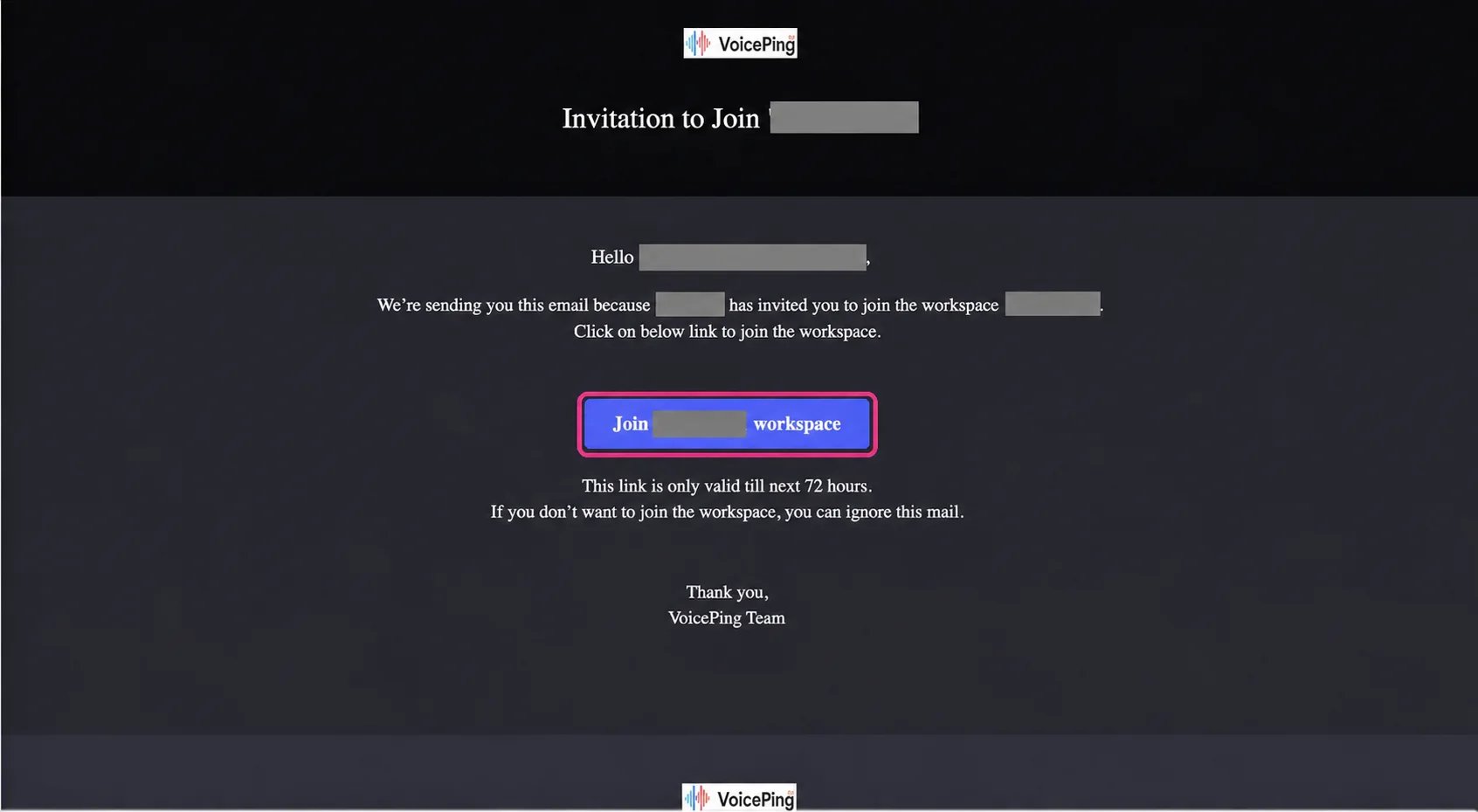 อีเมลคำเชิญพร้อมปุ่ม Join workspace
