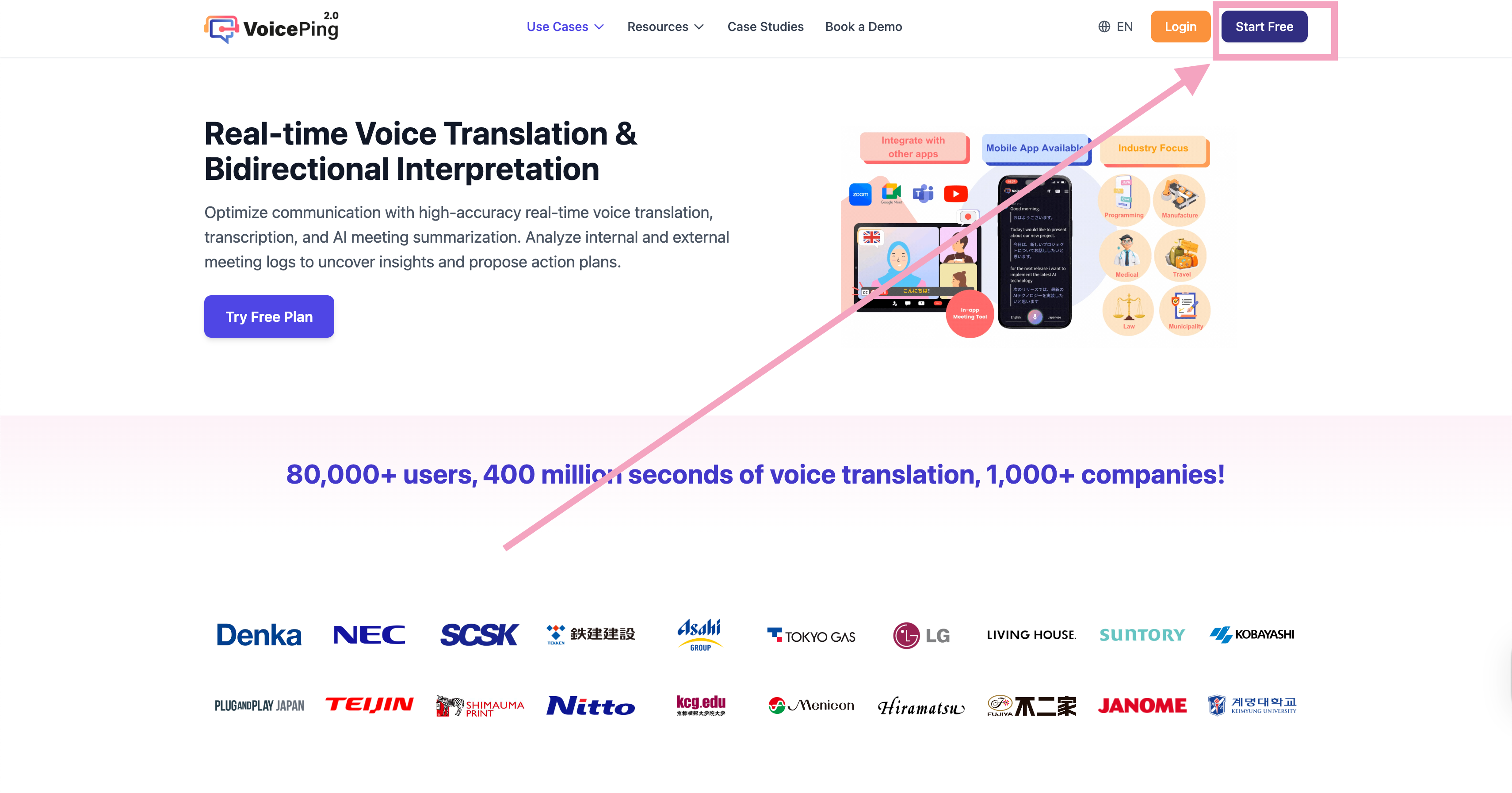 VoicePing首頁 - Start Free按鈕