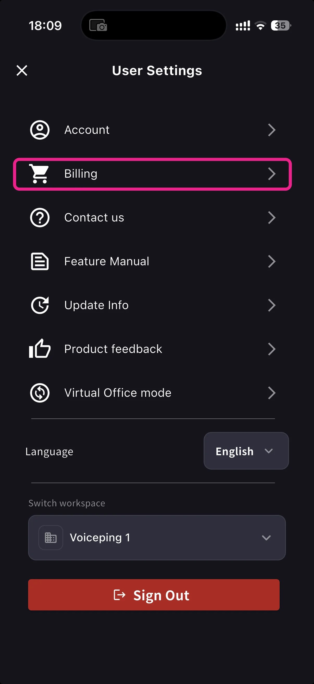 User Settings with Billing row