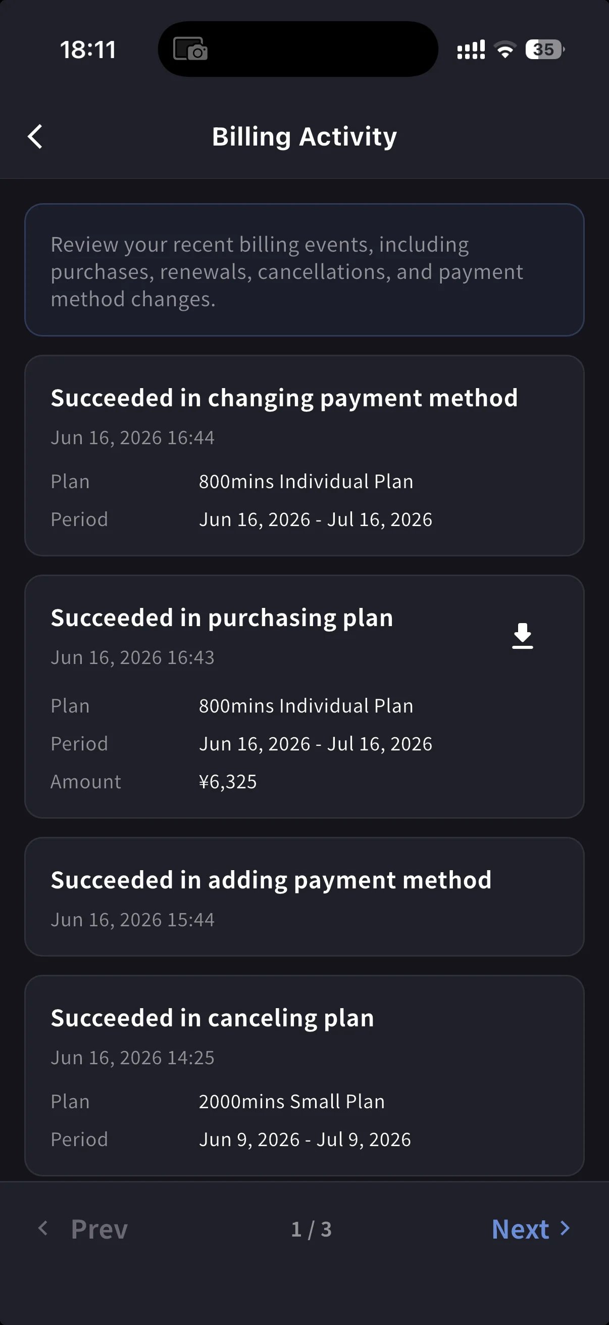 Billing Activity