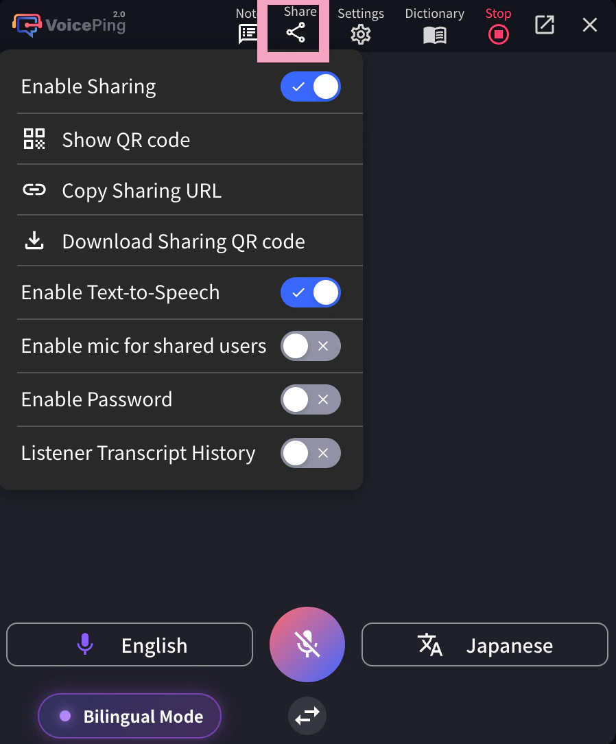 開始語音轉文字/翻譯按鈕