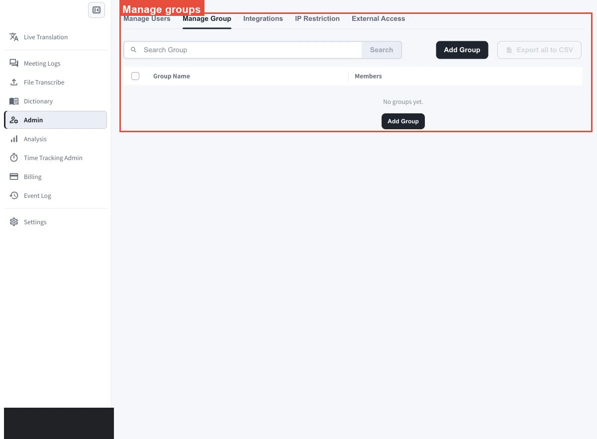 顯示Search Group、Add Group和CSV匯出控制項的VoicePing Admin Manage Group頁面