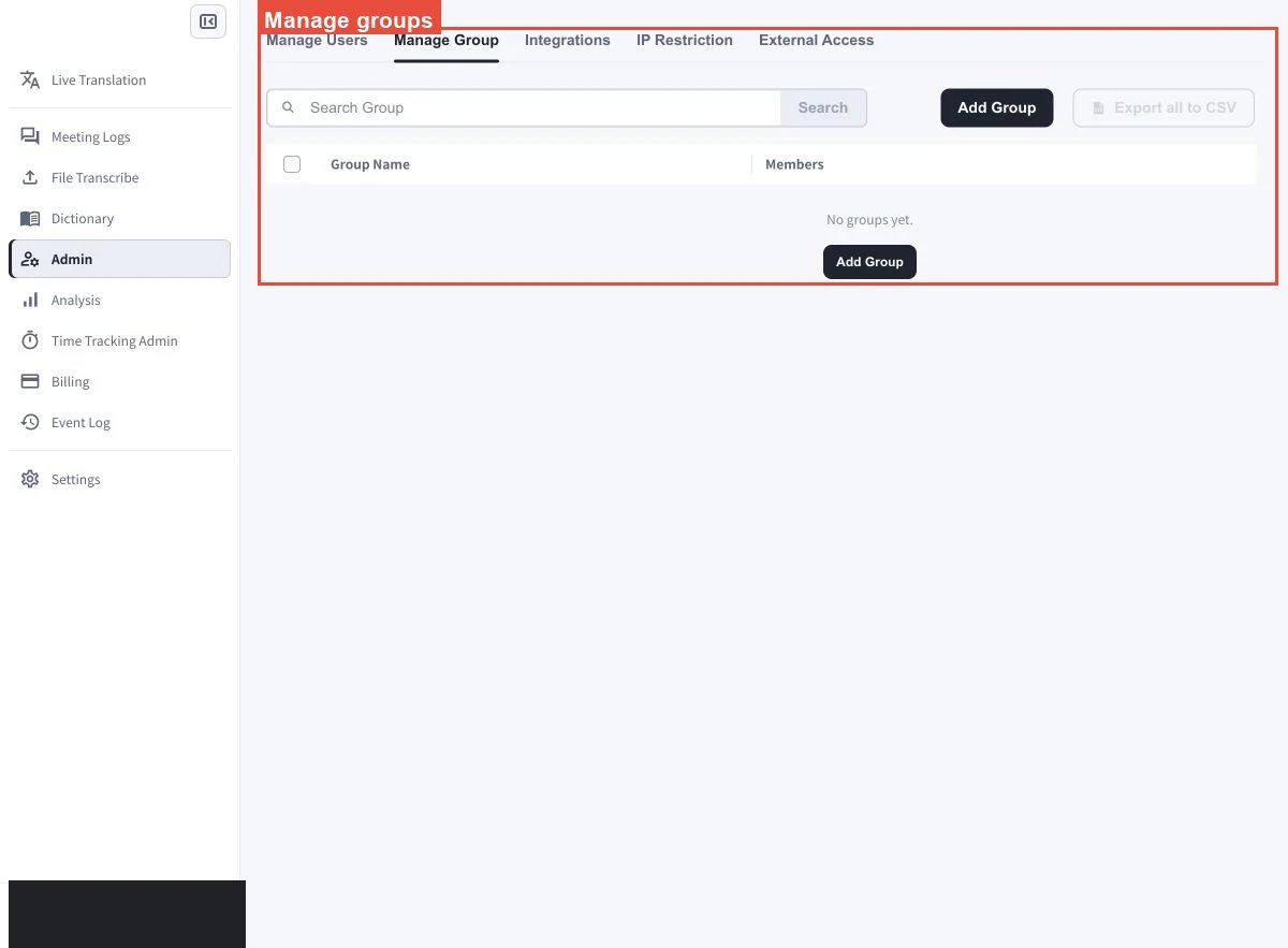 顯示Search Group、Add Group和CSV匯出控制項的VoicePing Admin Manage Group頁面