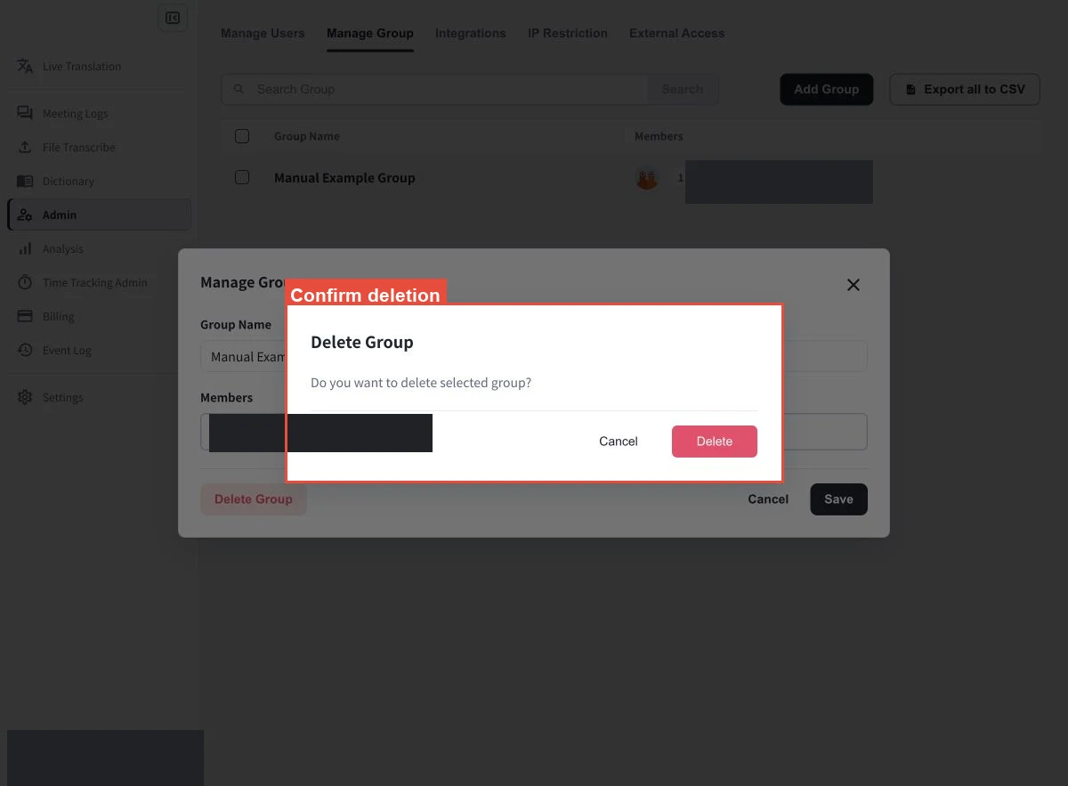 含Cancel和Delete按鈕的Delete Group確認對話框