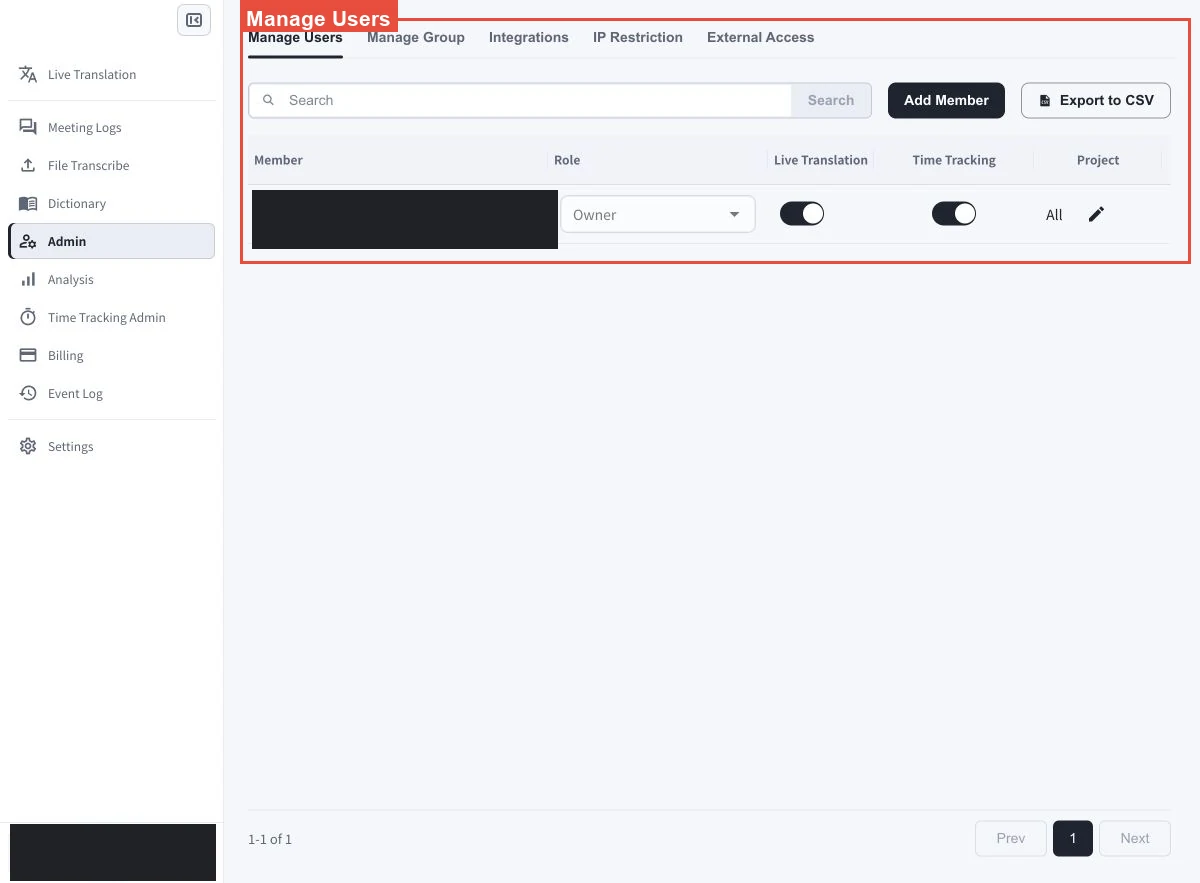 顯示Search、Add Member、Export to CSV、角色、指派和功能存取控制的VoicePing Admin Manage Users頁面