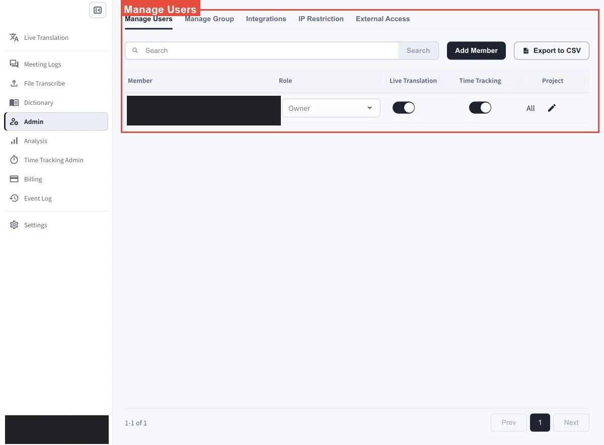 顯示Search、Add Member、Export to CSV、角色、指派和功能存取控制的VoicePing Admin Manage Users頁面
