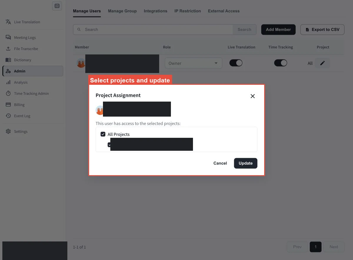 含可選專案和Update按鈕的Project Assignment對話框