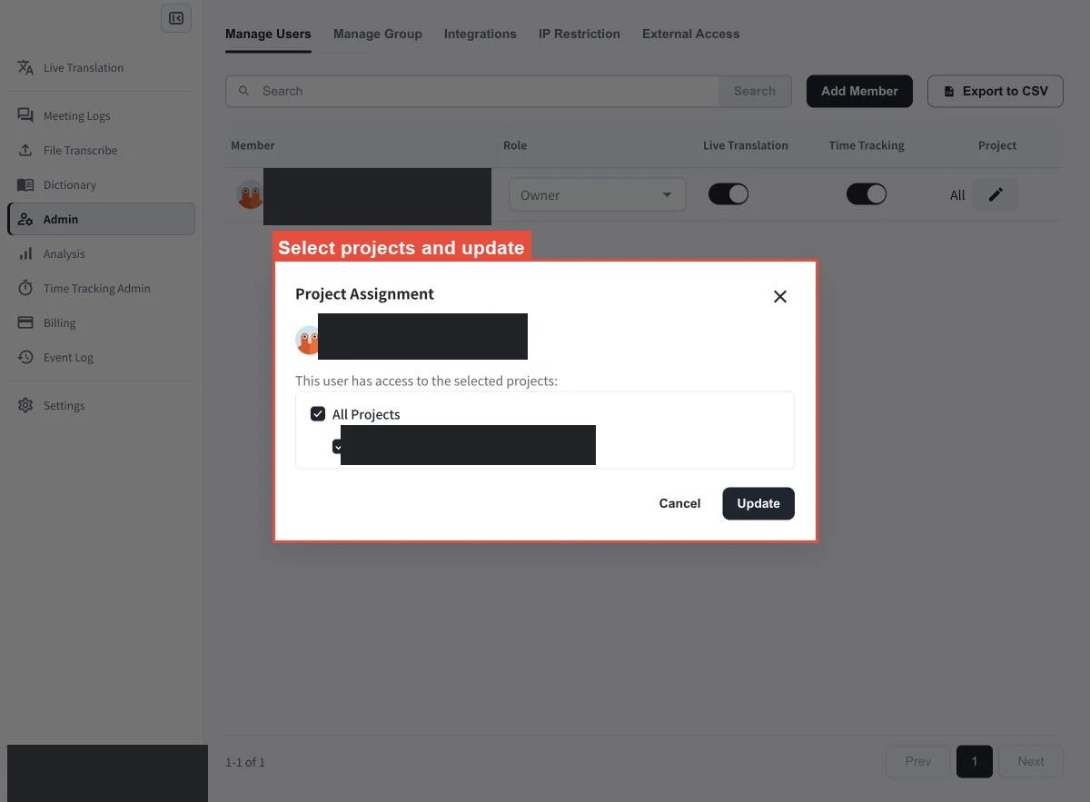 含可選專案和Update按鈕的Project Assignment對話框