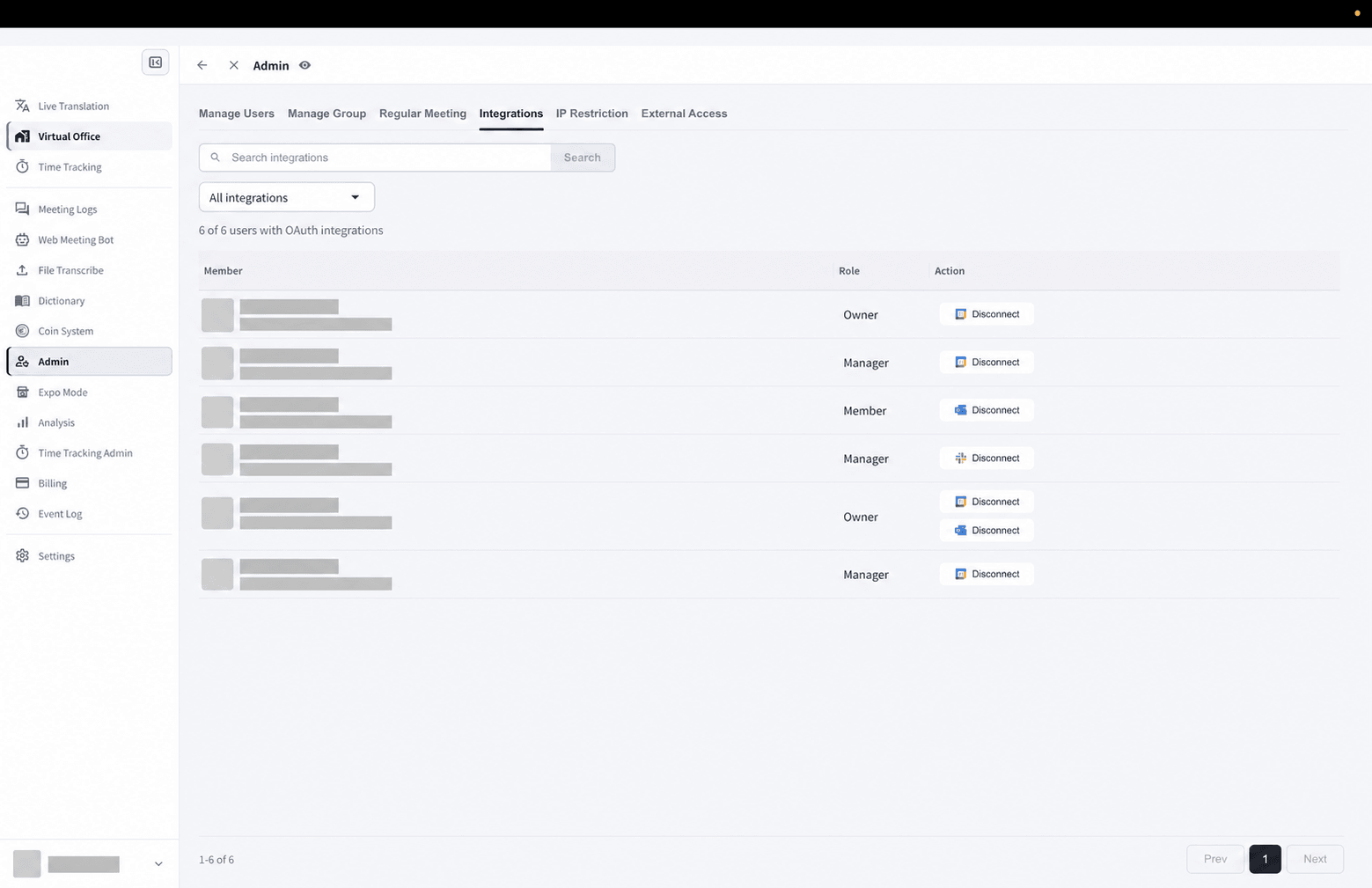 AdminのIntegrations画面に表示された連携済みメンバー、ロール、Disconnect