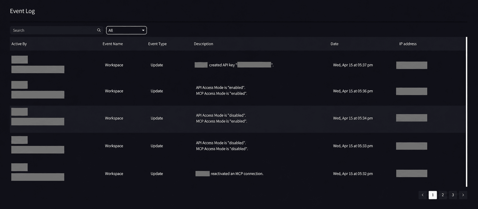 Event Log แสดงการสร้างคีย์ API และการเปลี่ยนโหมด MCP