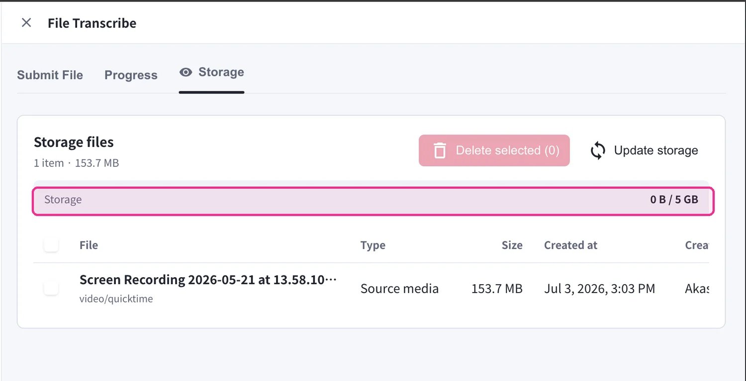 Storage 分頁 — 含 5 GB 用量條與 Delete selected 按鈕的已儲存檔案
