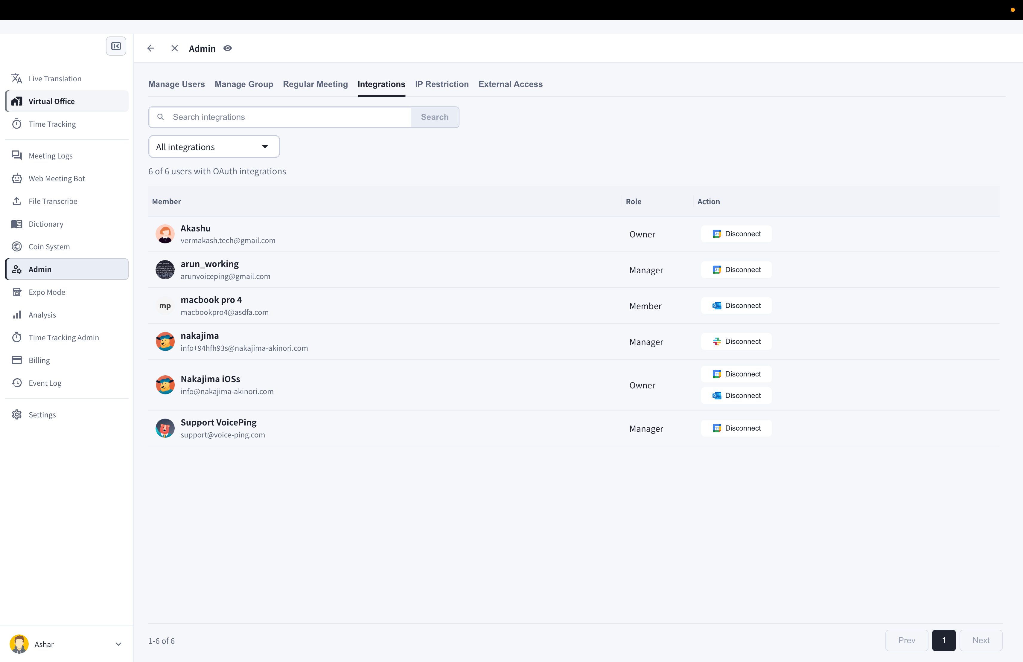 Admin 的 Integrations 畫面 — 已連接整合的成員清單、角色與 Disconnect 按鈕
