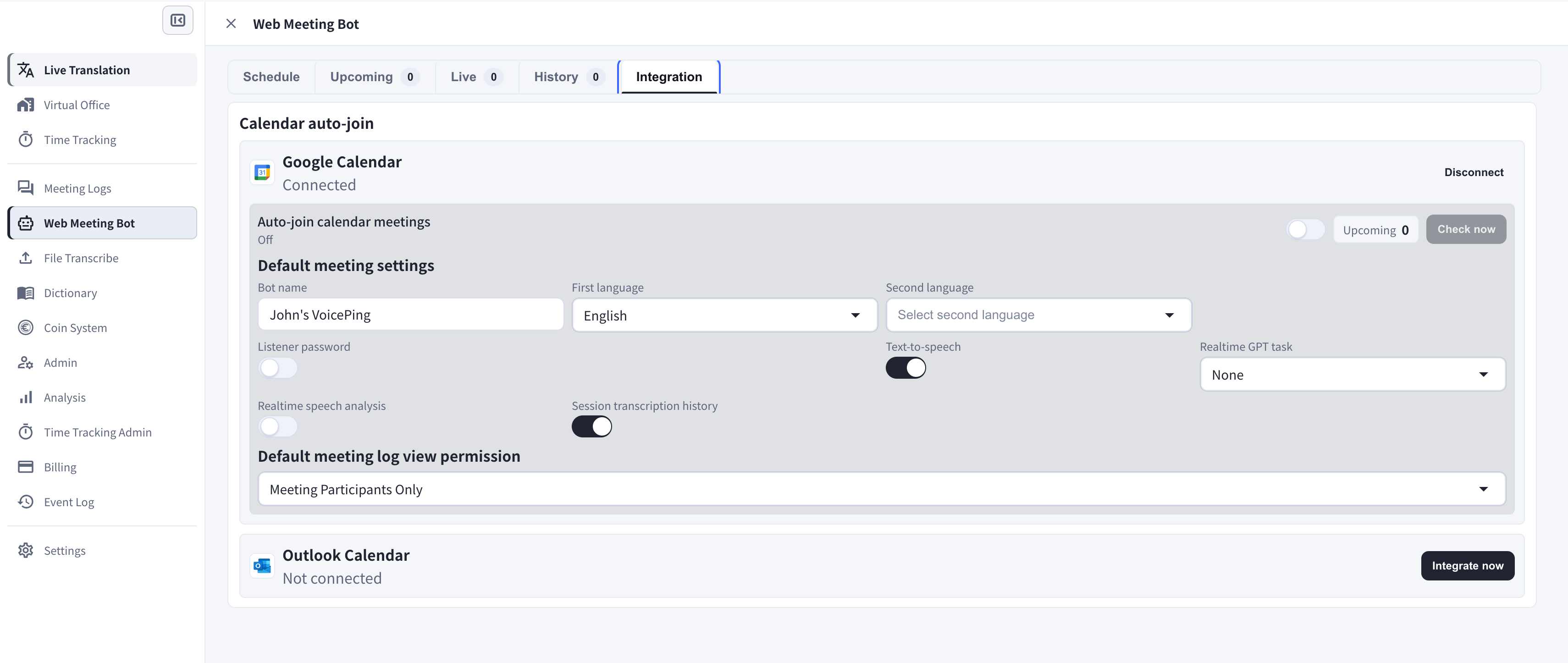 Web Meeting Bot 的 Integration 分頁 — Google Calendar 與 Outlook Calendar 的行事曆自動加入設定