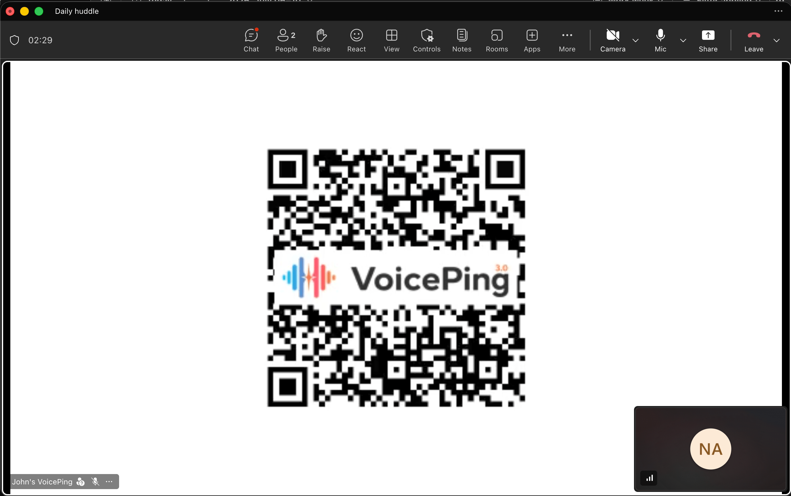 Microsoft Teams meeting with the VoicePing Web Meeting Bot participant showing the listener QR video screen