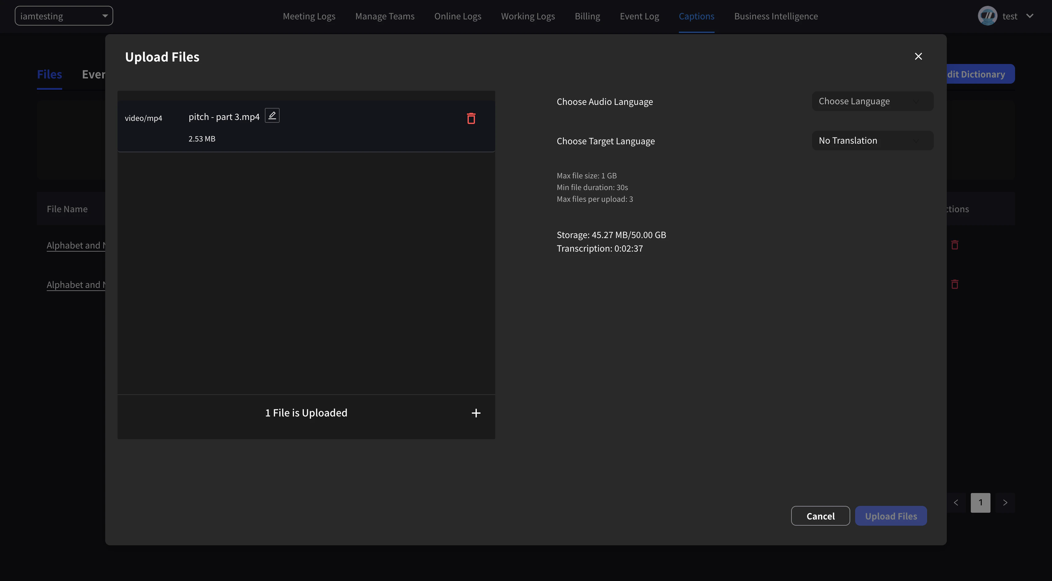 Upload file settings