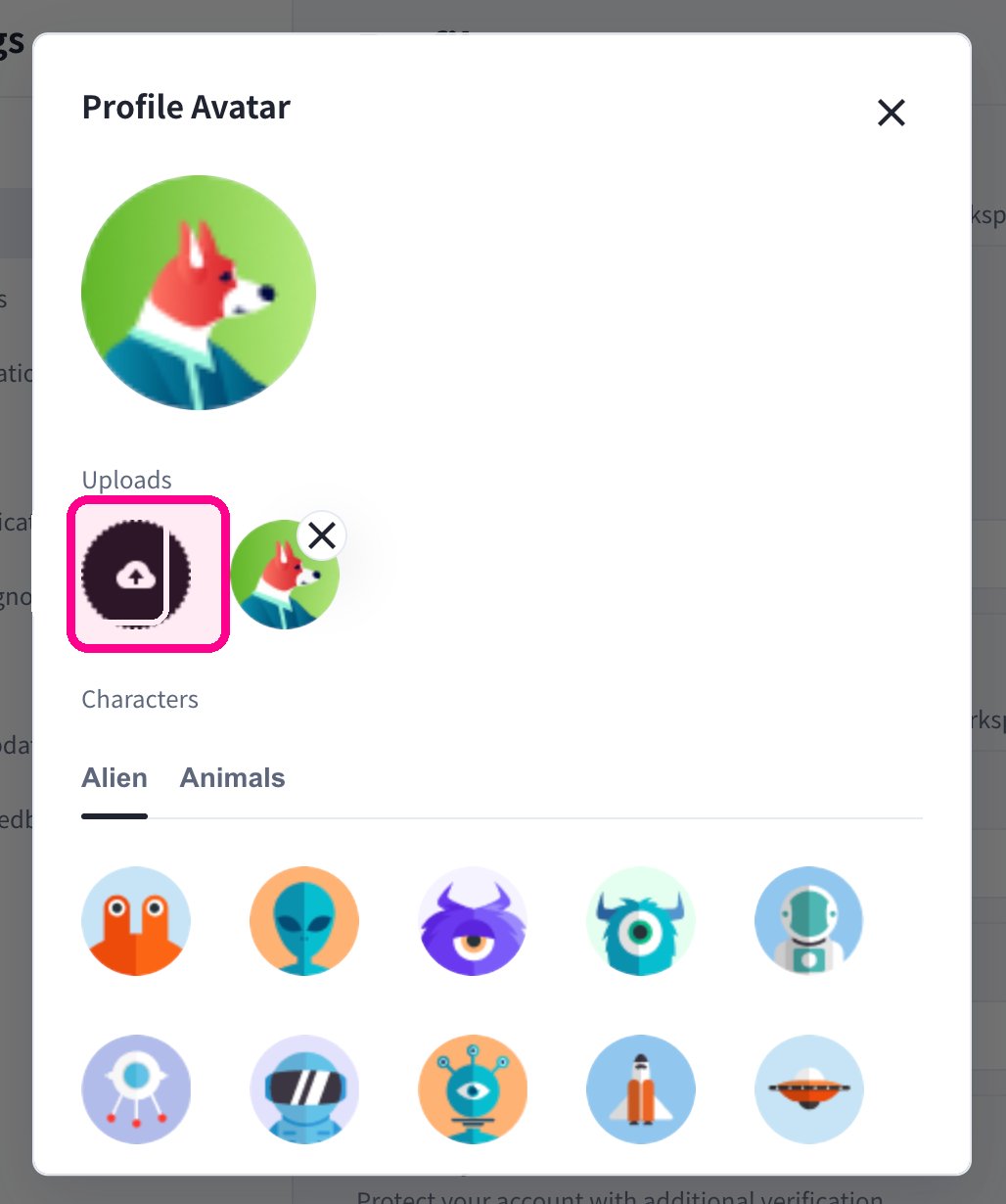 Profile Avatar 對話框,其中 Upload 按鈕已被標示,並顯示 Alien/Animals 角色頭像