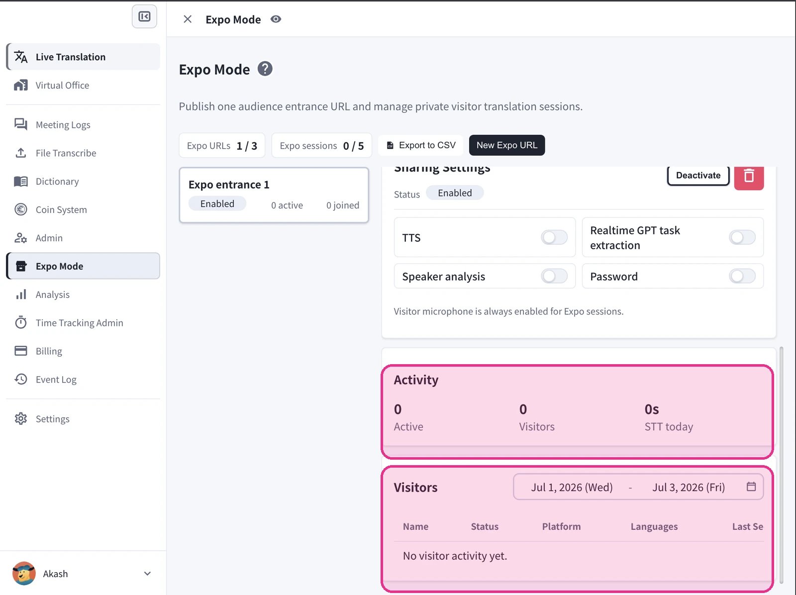 Expo エントランスの Sharing Settings と、強調表示された Activity カウンターおよび Visitors テーブル