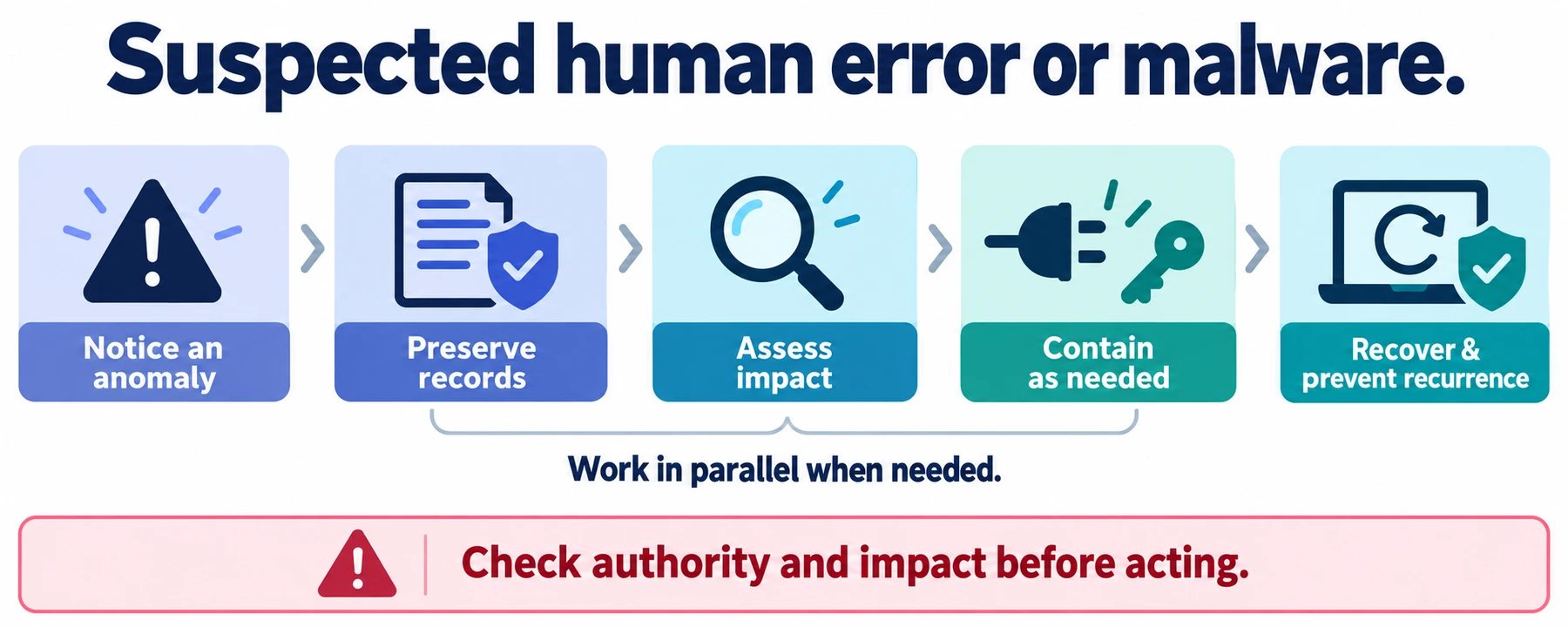 Notice an anomaly, preserve records, assess impact, contain as needed, and recover with preventive improvements; actions may proceed in parallel