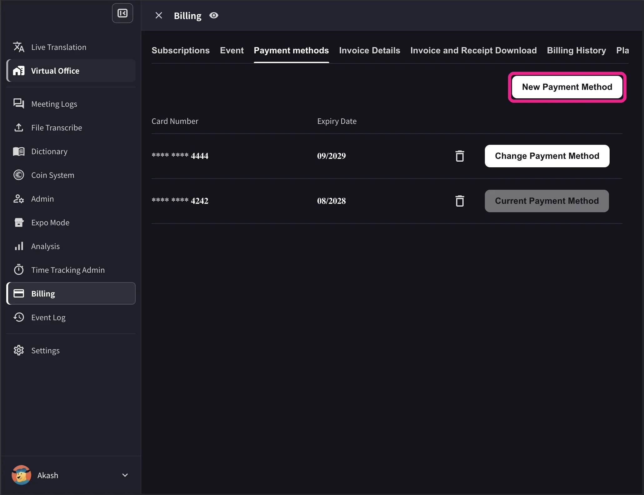 Payment methods tab