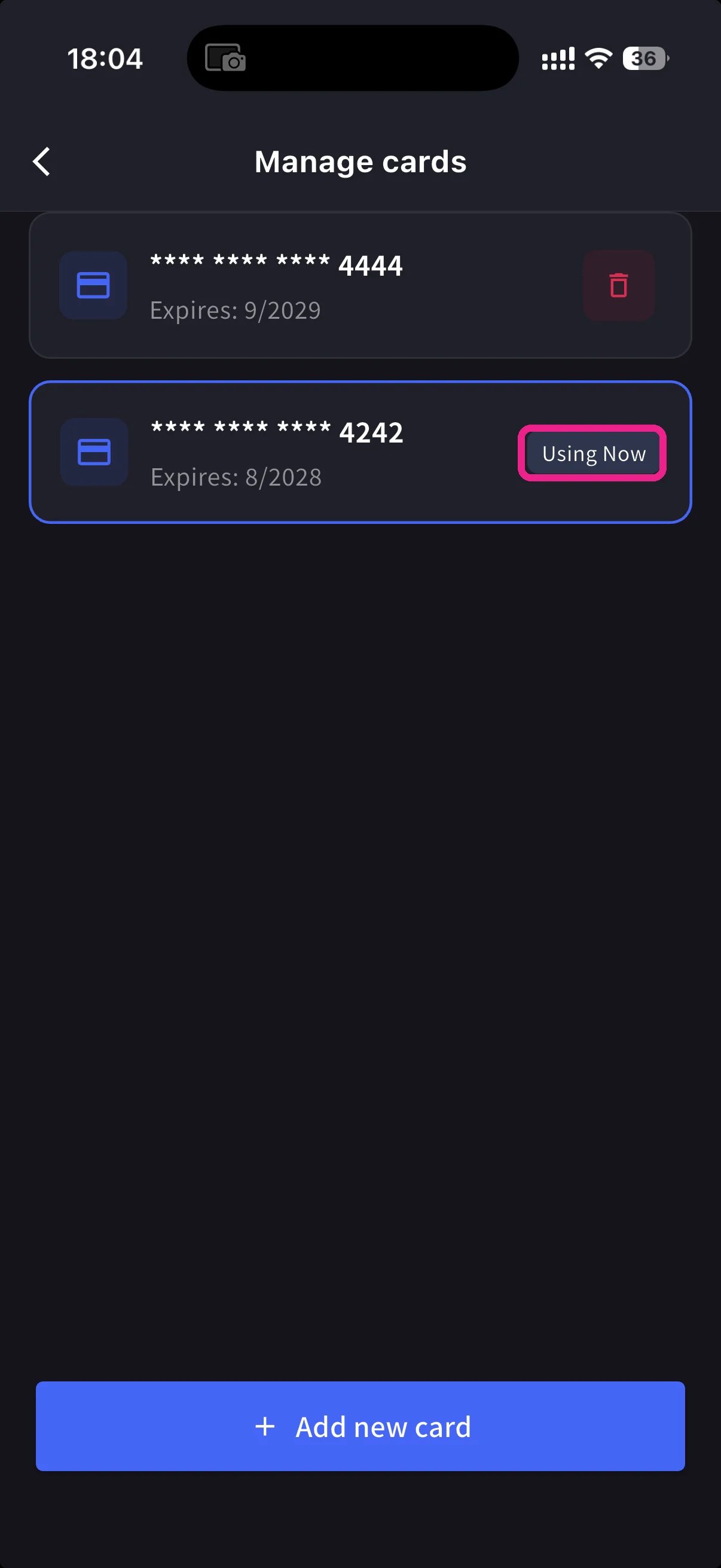 Manage cards — existing card with Using Now pill