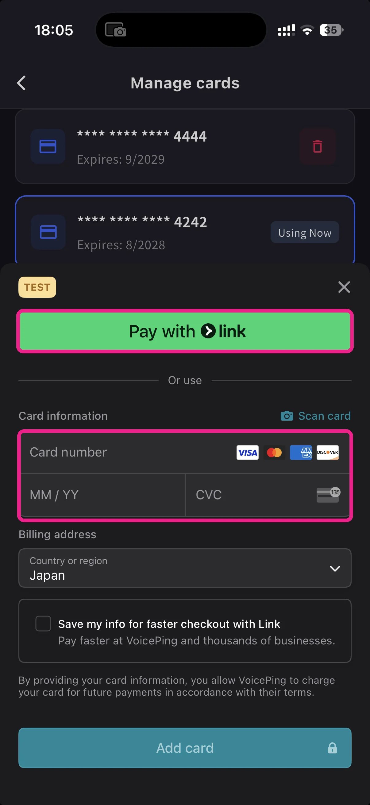 Add new card sheet — Pay with Link or enter card manually