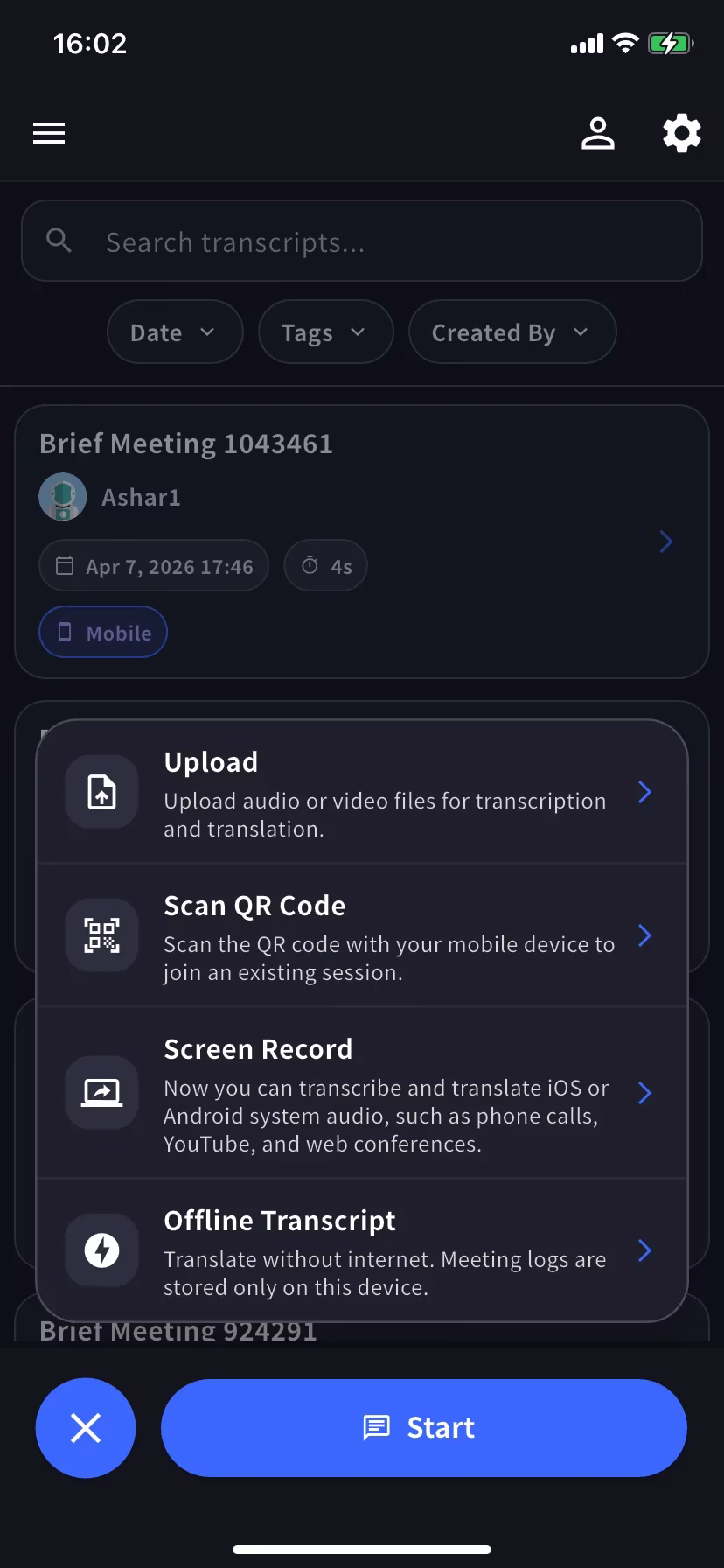 + 菜單中的 Offline Transcript