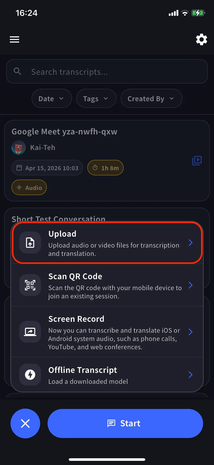 Upload 가 하이라이트된 + 메뉴