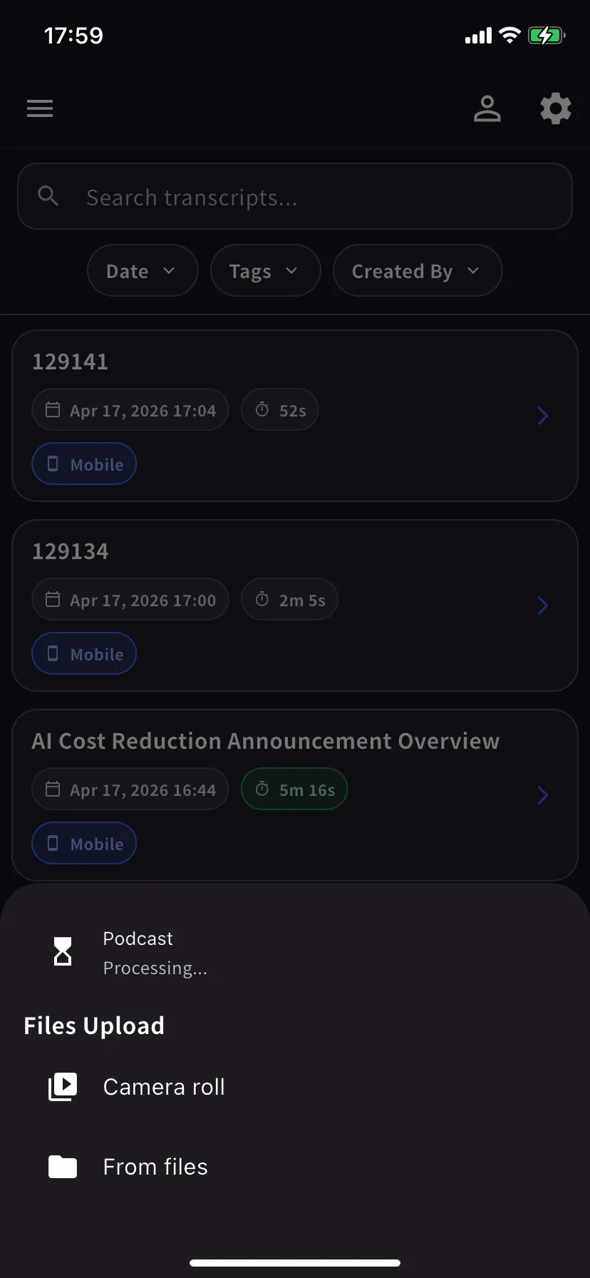 소스 선택 — Camera roll / From files