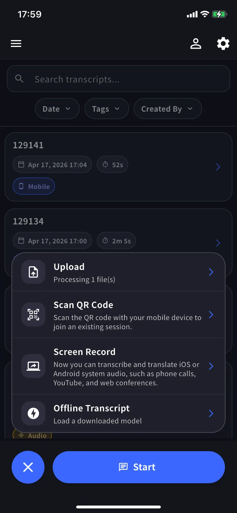Processing 1 file(s) 가 표시된 Upload 행
