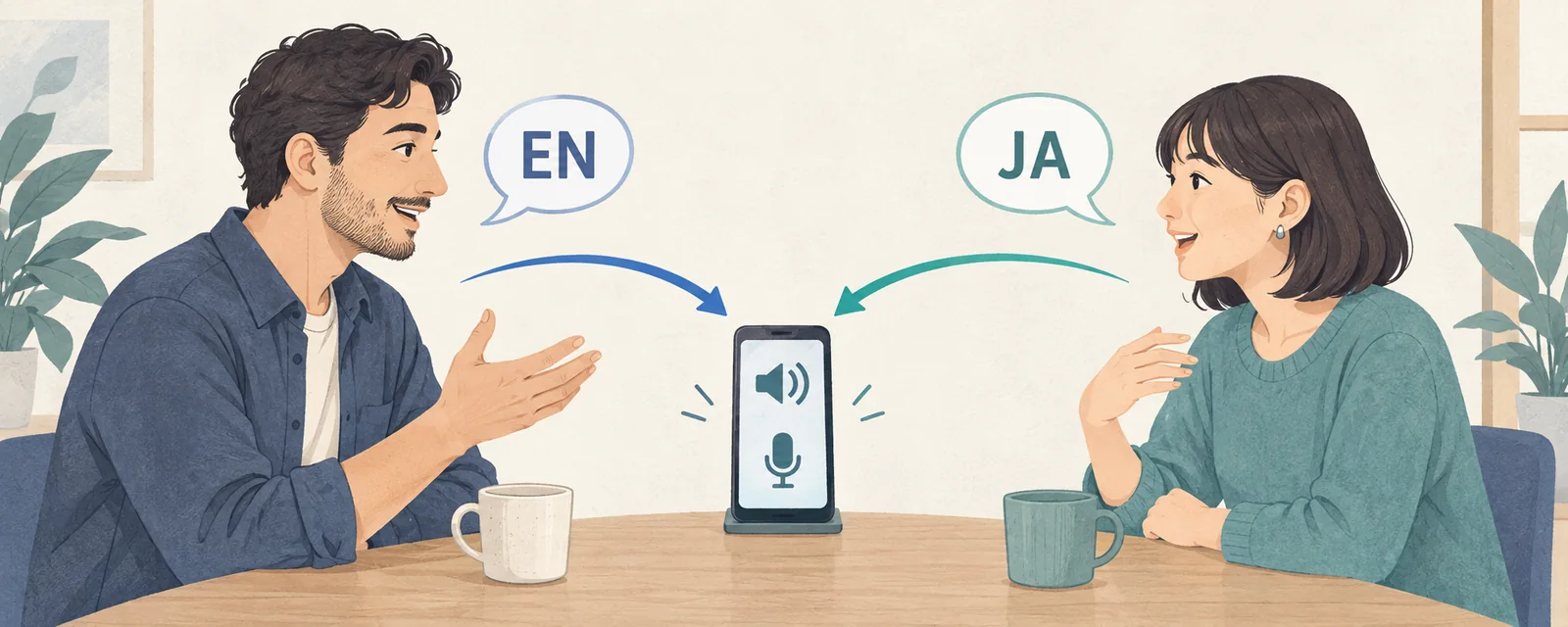 Two people speaking English and Japanese use a phone to interpret their conversation